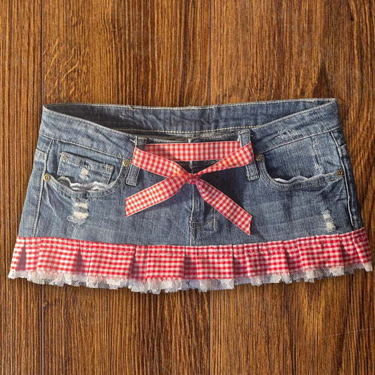 ୨୧ reworked OOAK y2k vintage mini denim skirt with red gingham pleats with lace trim, lace & bows