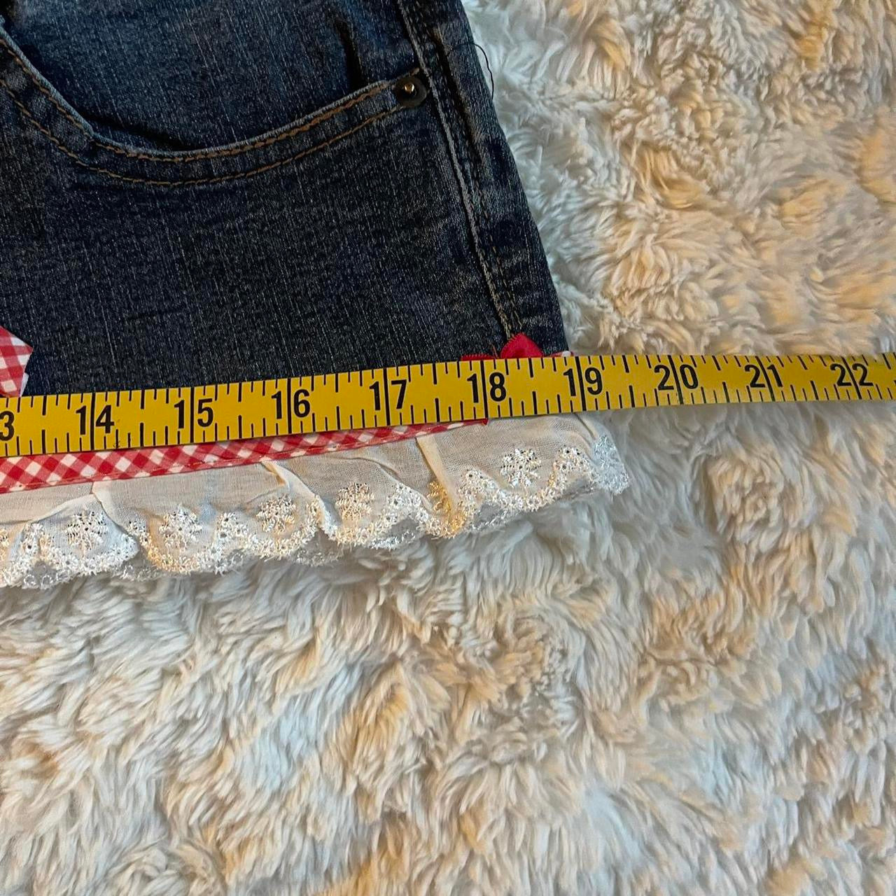 ୨୧ reworked OOAK vintage micro mini denim skirt with lace trim, contrast stitching and bow details