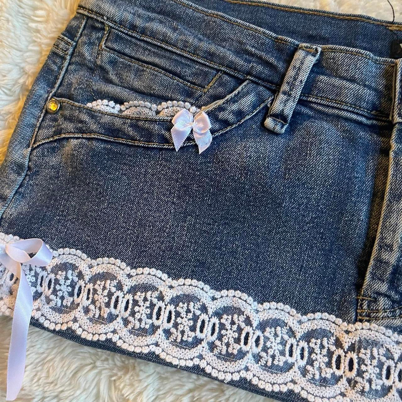 ୨୧ reworked OOAK 2000s extreme denim micro mini skirt with contrast stitching, white lace trim & white bows