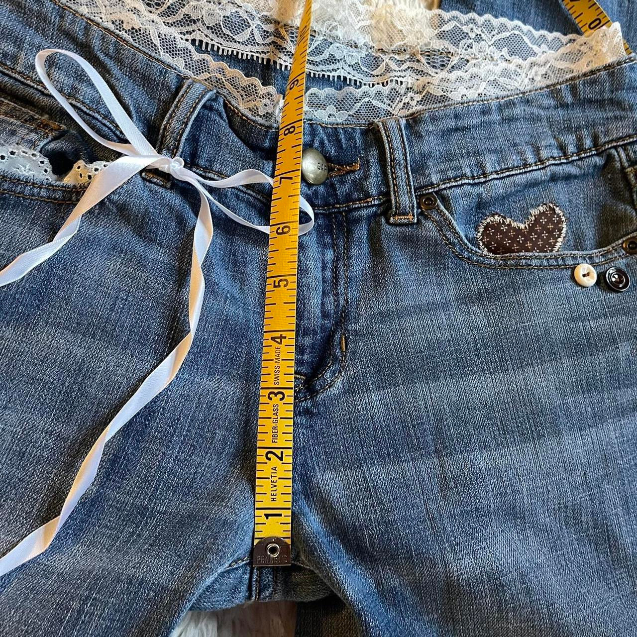୨୧ reworked vintage princess OOAK ribbon flare jeans with buttons, heart patch, contrast stitching, lace & bows