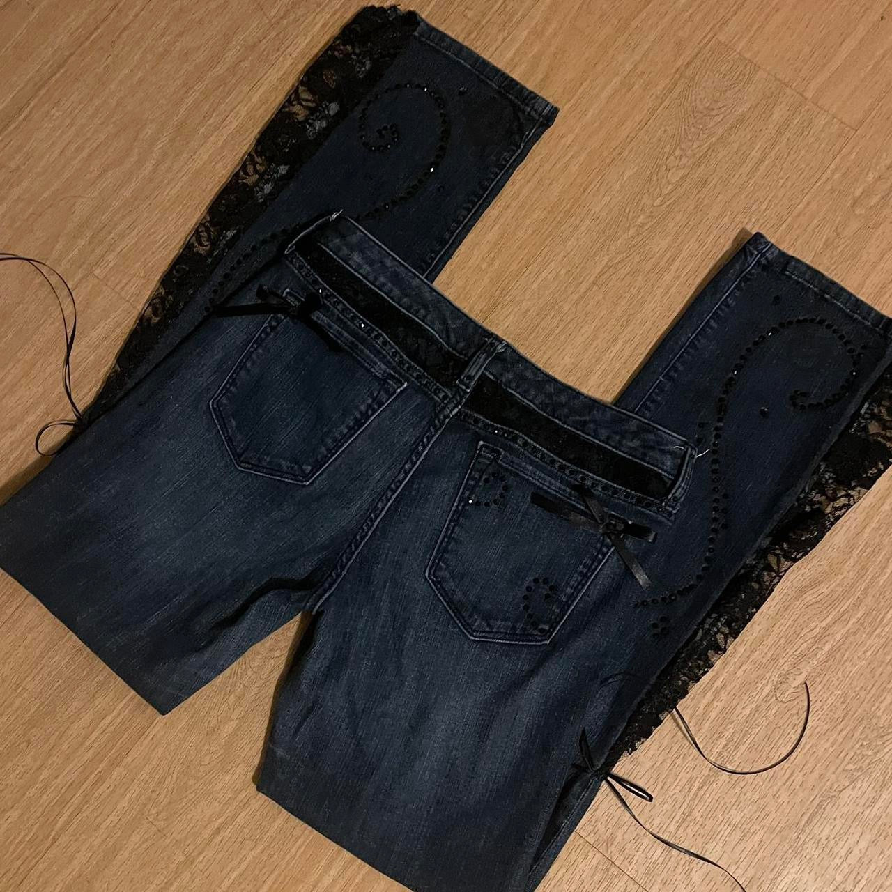 ୨୧ reworked y2k “Valia (Variant 2)” by Dove Kiss OOAK black ribbon flare jeans