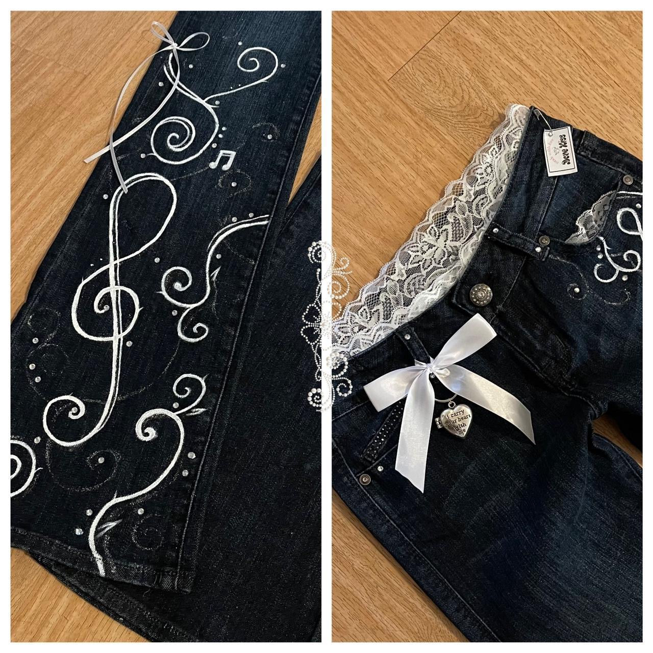 ୨୧ 𝐃𝐎𝐕𝐄 𝐊𝐈𝐒𝐒 “Dove’s Requiem” ribbon flare jeans with matching hair clip