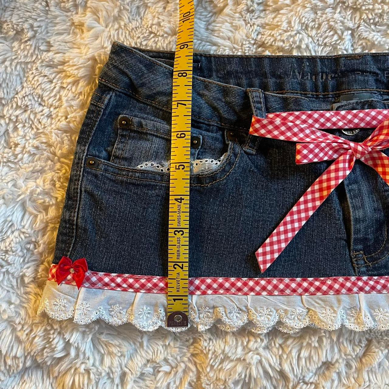 ୨୧ reworked OOAK vintage micro mini denim skirt with lace trim, contrast stitching and bow details