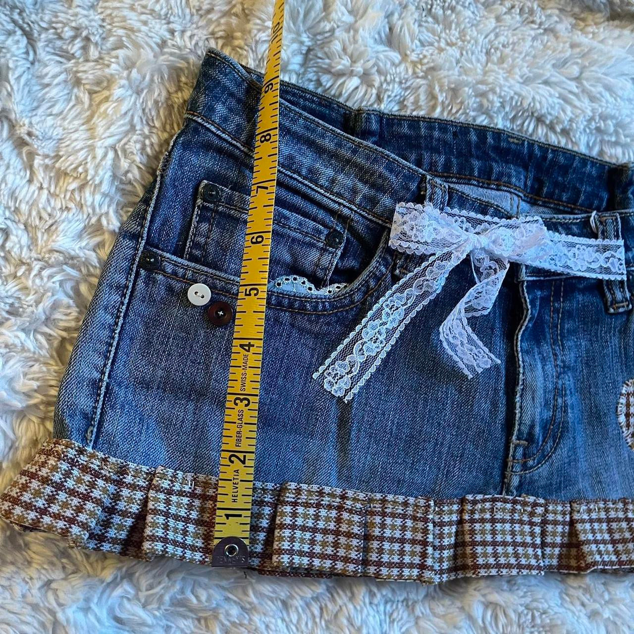 ୨୧ reworked OOAK vintage 70s brooklyn baby sweetheart micro mini denim skirt with buttons, heart patch, plaid trim, lace tie, lace and bows