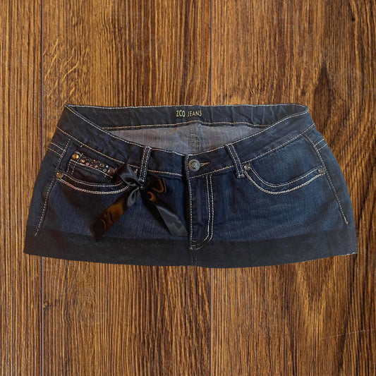 ୨୧ reworked OOAK 2000s extreme denim micro mini skirt with black lace trim, rhinestones & black bow