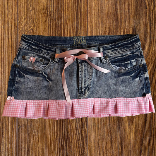 ୨୧ reworked OOAK vintage micro mini denim skirt with trim and baby pink bow details