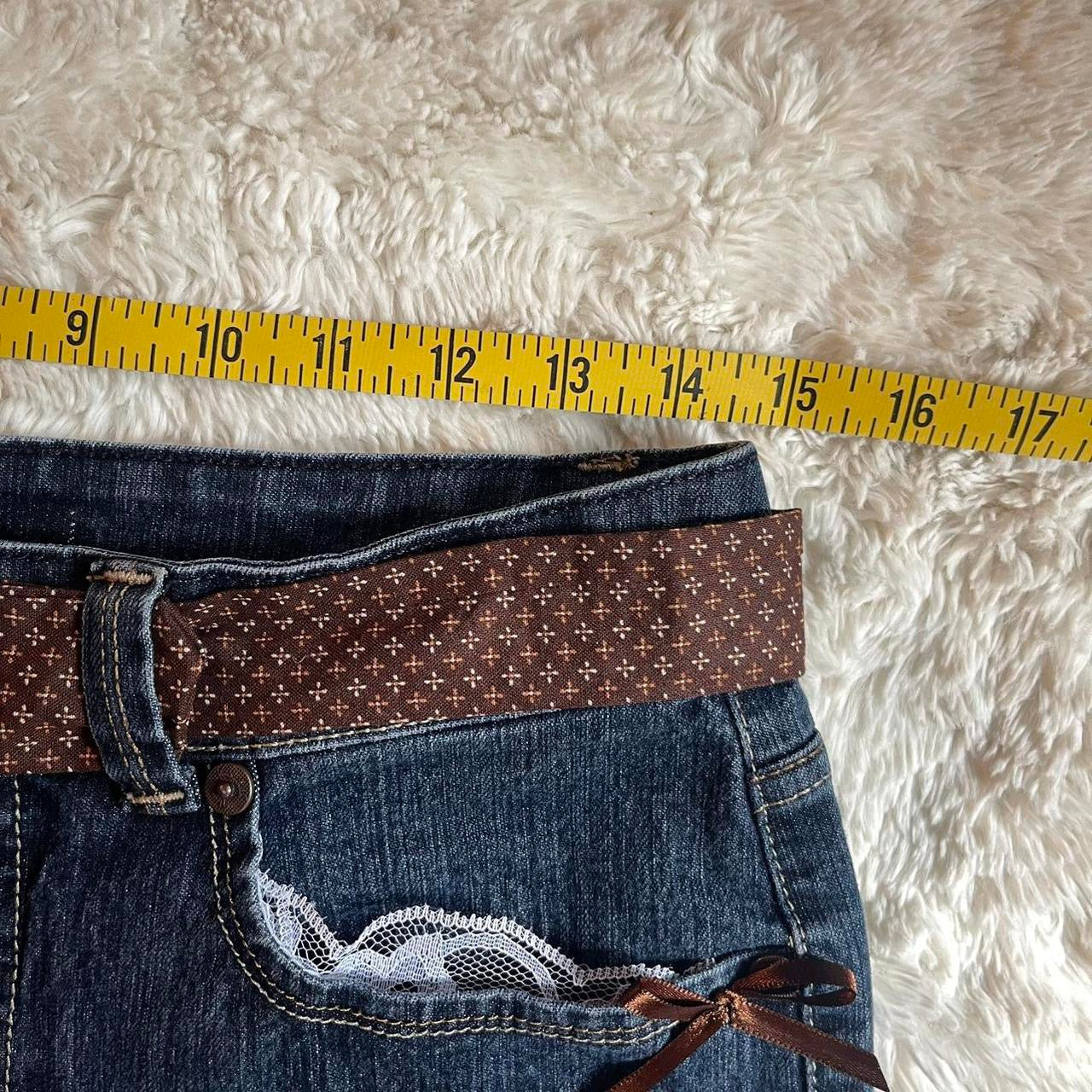 ୨୧ reworked OOAK vintage 70s brooklyn baby princess micro mini denim skirt with monogram trim, waist strip, lace and bows