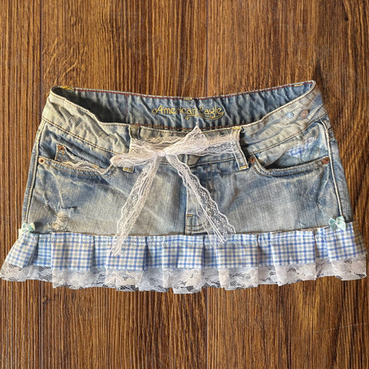 ୨୧ reworked OOAK vintage micro mini denim skirt with buttons, gingham baby blue trim with lace, heart patch and bow details