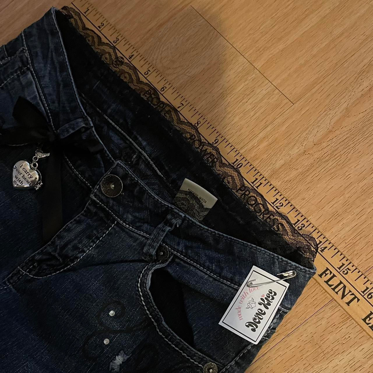 ୨୧ reworked y2k “Princess Elise” by Dove Kiss OOAK black ribbon flare jeans