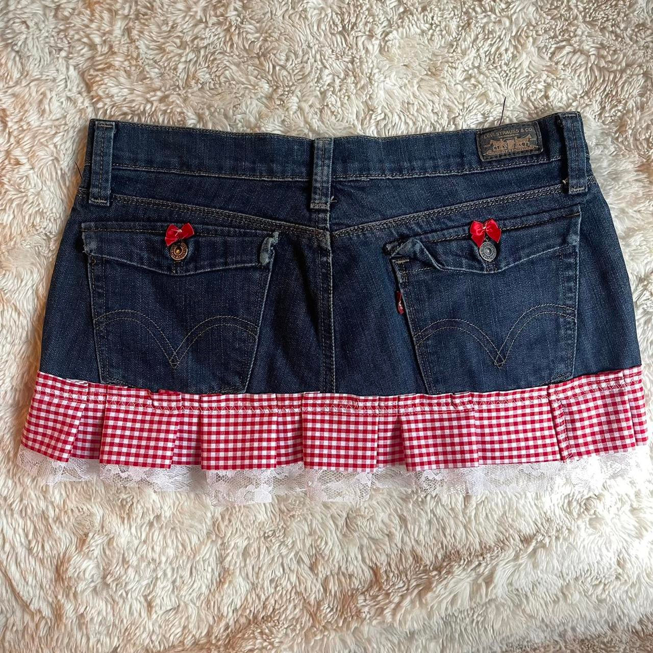 ୨୧ reworked OOAK y2k vintage mini denim skirt with red gingham pleats with lace trim, lace & bows