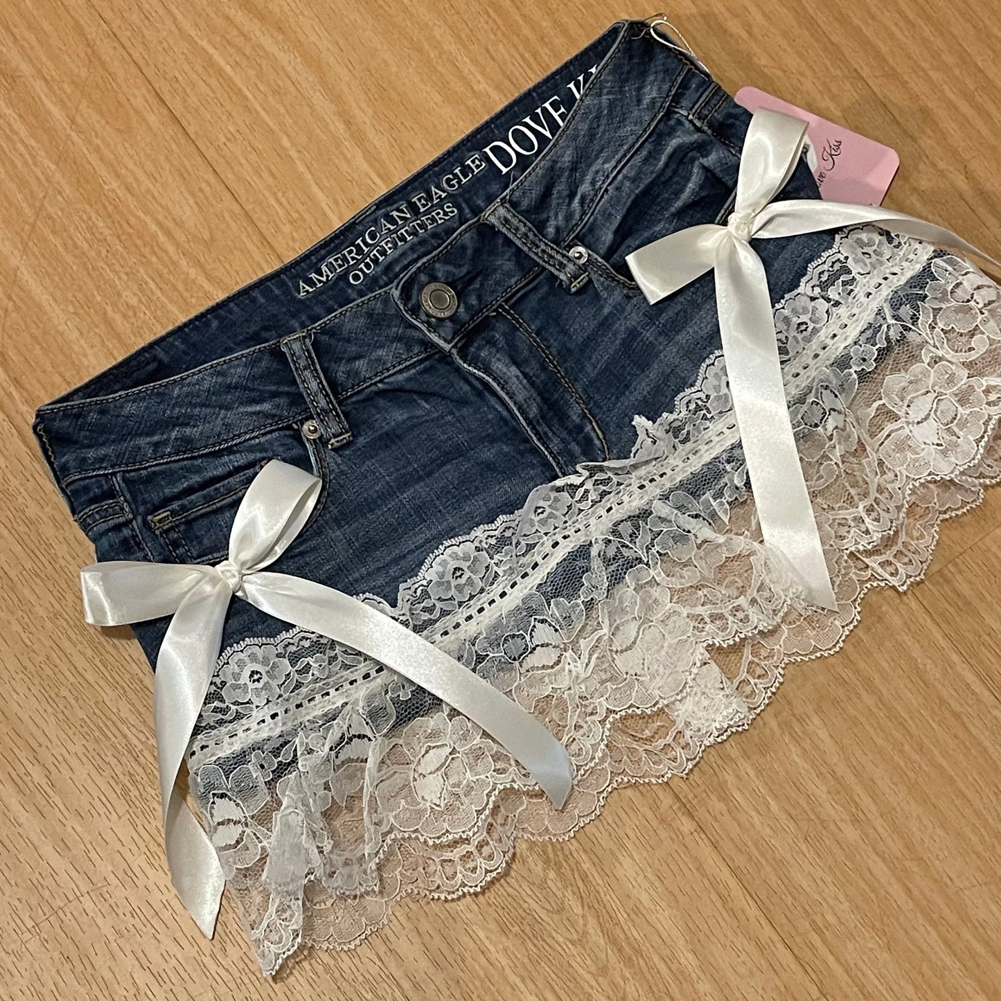 Reworked/Upcycled Princess Denim Mini Skirt (with lace & ribbons)
