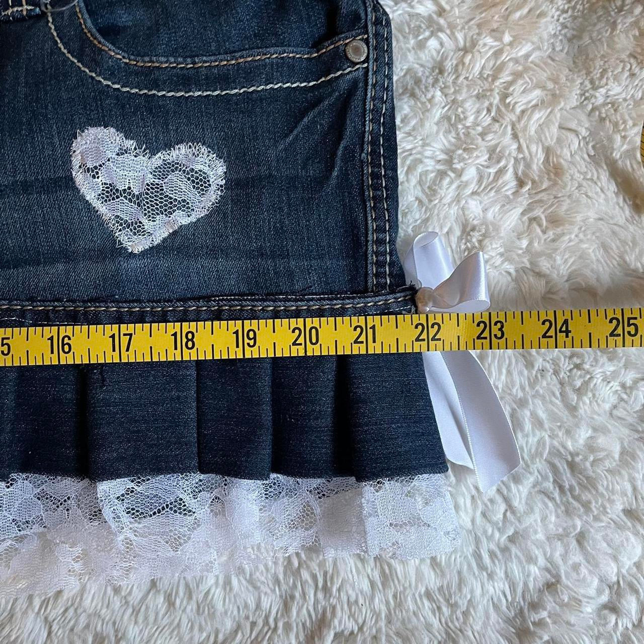 reworked OOAK 2000s princess dark wash denim mini skirt w bows, lace, & handmade pleats ୨୧