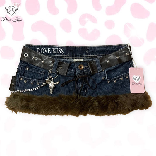 ୨୧ Grunge Gyaru Princess Micro Mini Faux Fur Trim Skirt - SIZE S
