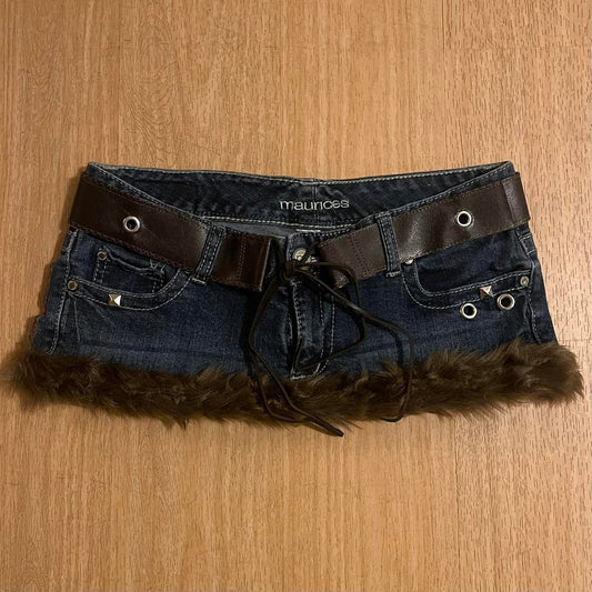 ୨୧ reworked OOAK y2k grunge micro mini skirt with handmade faux leather waist tie belt, contrast stitching, brown faux fur + partial fur lining, side straps & studs