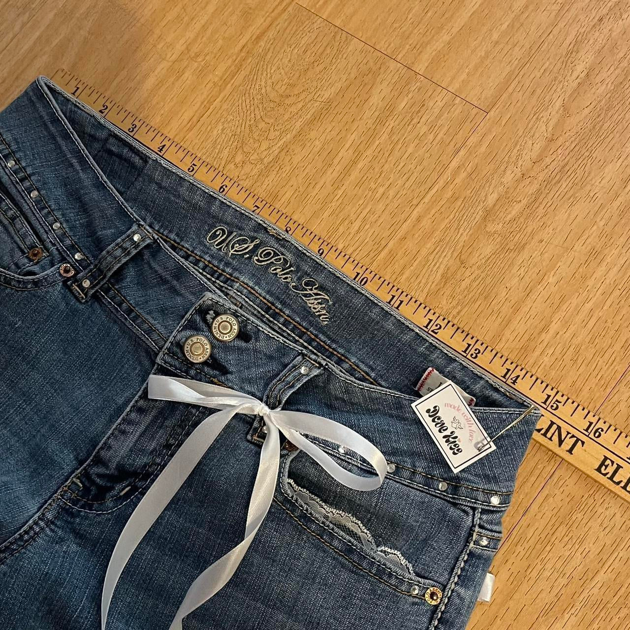 ୨୧ reworked y2k “Valia” by Dove Kiss OOAK white ribbon flare jeans