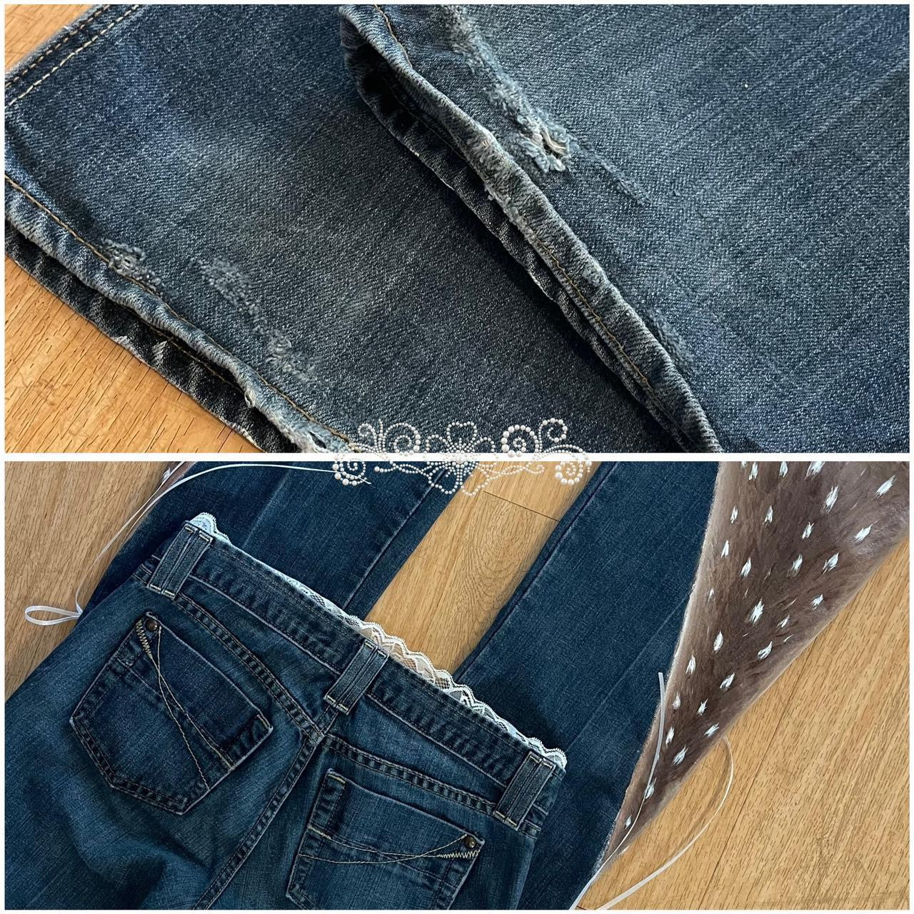 𓏲ּ𝄢 𝐃𝐎𝐕𝐄 𝐊𝐈𝐒𝐒 “doe hearts” 2000s princess ribbon ultra flare jeans