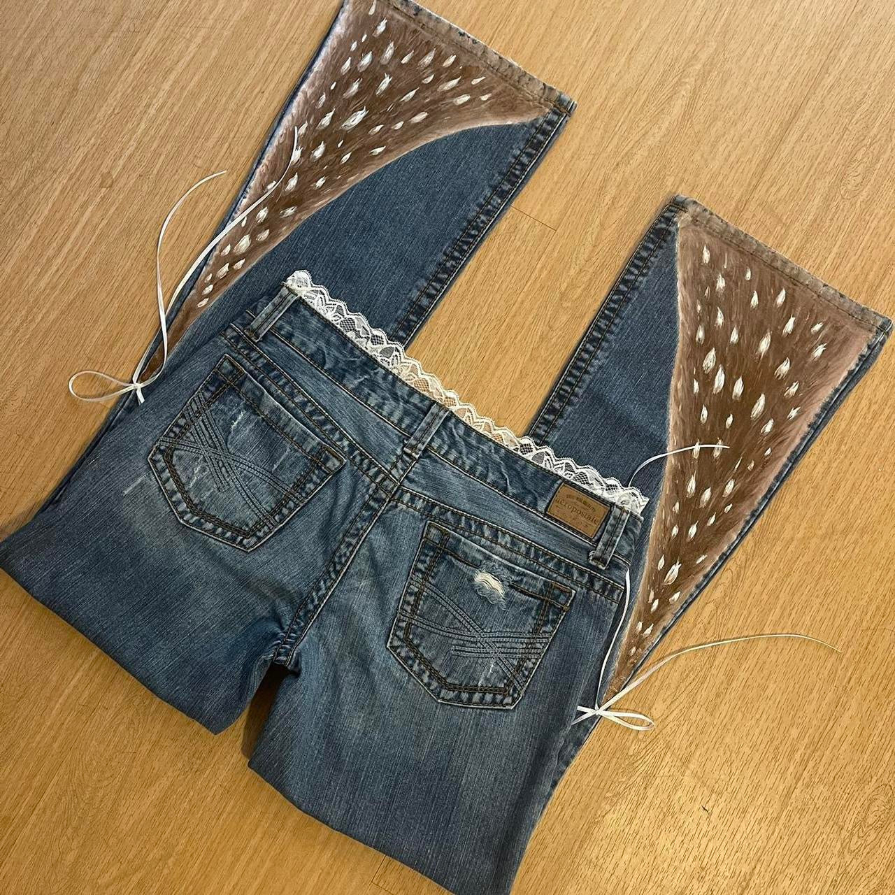 ୨୧ reworked y2k “doe hearts” by Dove Kiss OOAK princess white ribbon flare jeans