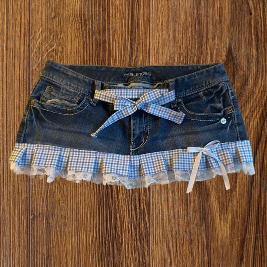 ୨୧ reworked OOAK vintage micro mini denim skirt with gingham baby blue trim, lace ruffles, buttons, and bow details