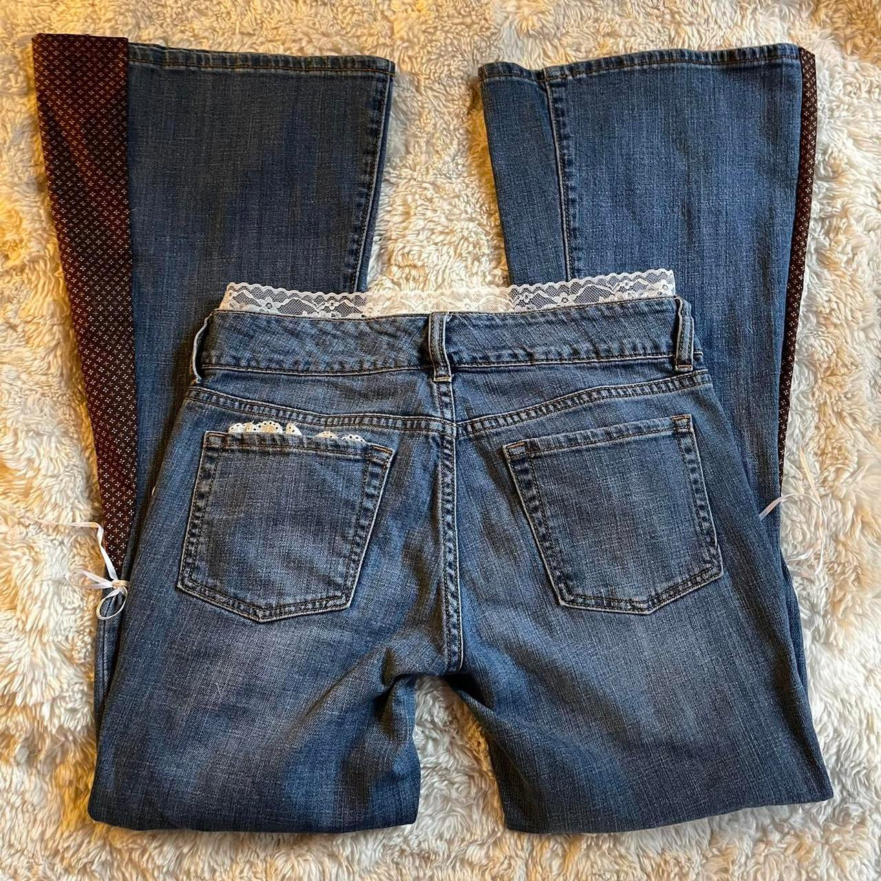 ୨୧ reworked vintage princess OOAK ribbon flare jeans with buttons, heart patch, contrast stitching, lace & bows