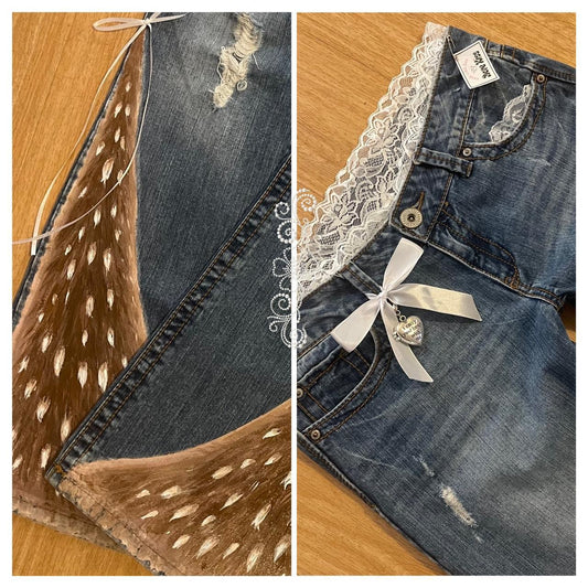 ୨୧ reworked y2k “doe hearts” by Dove Kiss OOAK princess white ribbon flare jeans