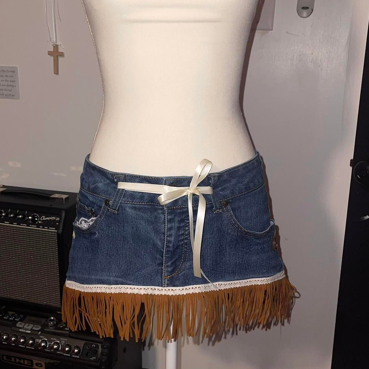 ୨୧ reworked OOAK vintage 70s western princess micro mini denim skirt with faux suede tassels, buttons and lace trim