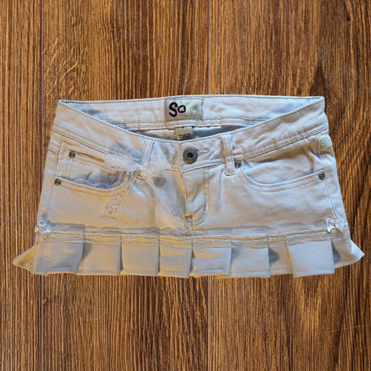 ୨୧ reworked OOAK 2000s princess denim micro white mini skirt with lace trim & white silky bows