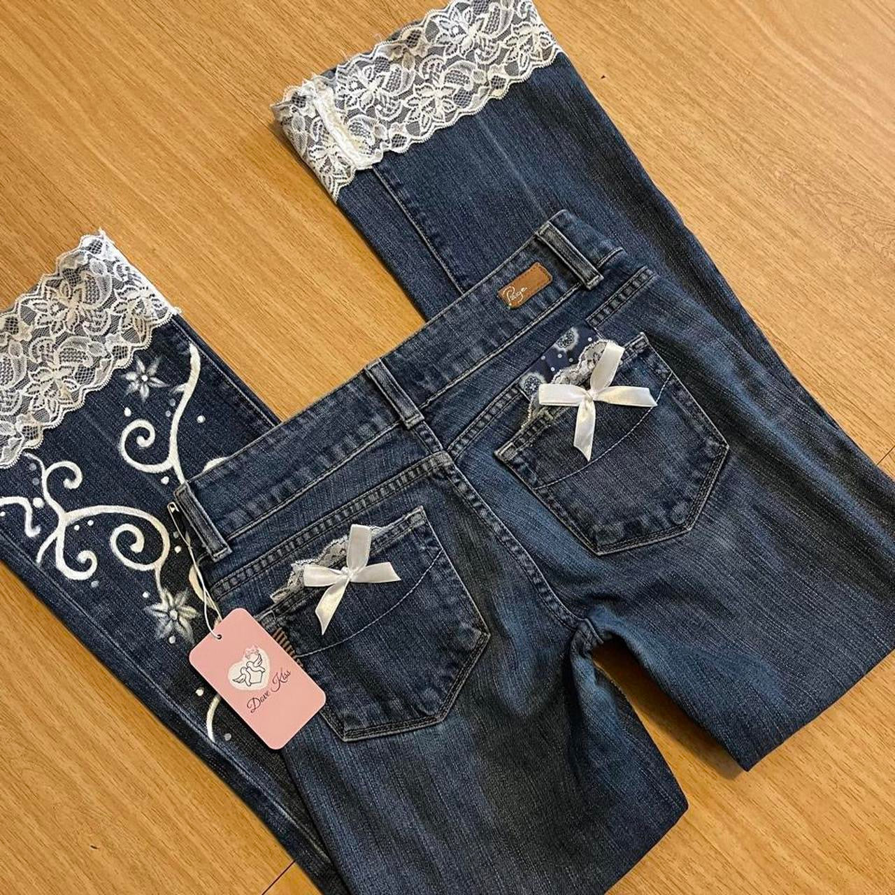 OOAK Y2K Princess Ribbon Jeans (with lace, hand-painted art & bows)