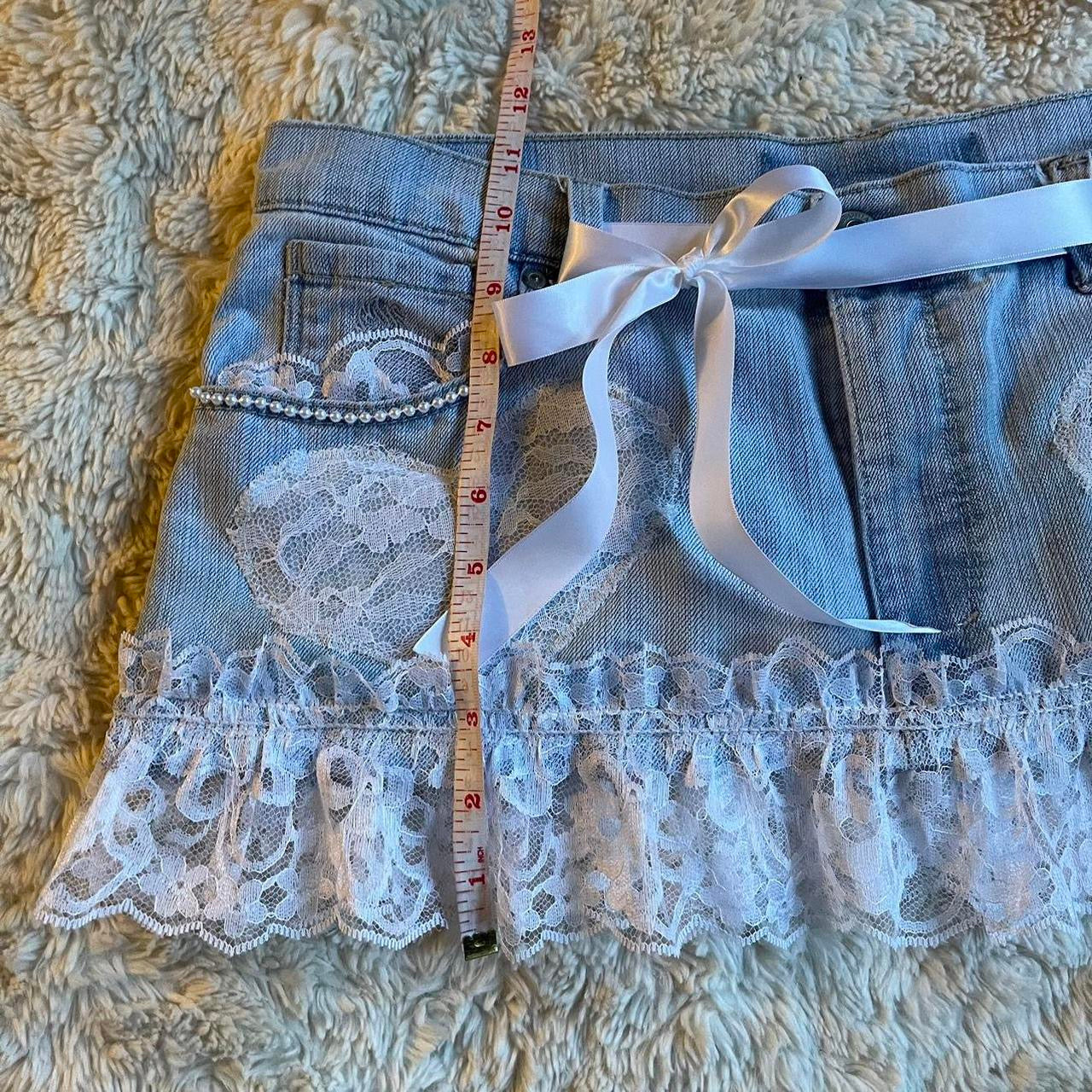 ୨୧ reworked OOAK 2000s sweetheart light wash mini skirt with hand sewn pearls, lace trim & white bows