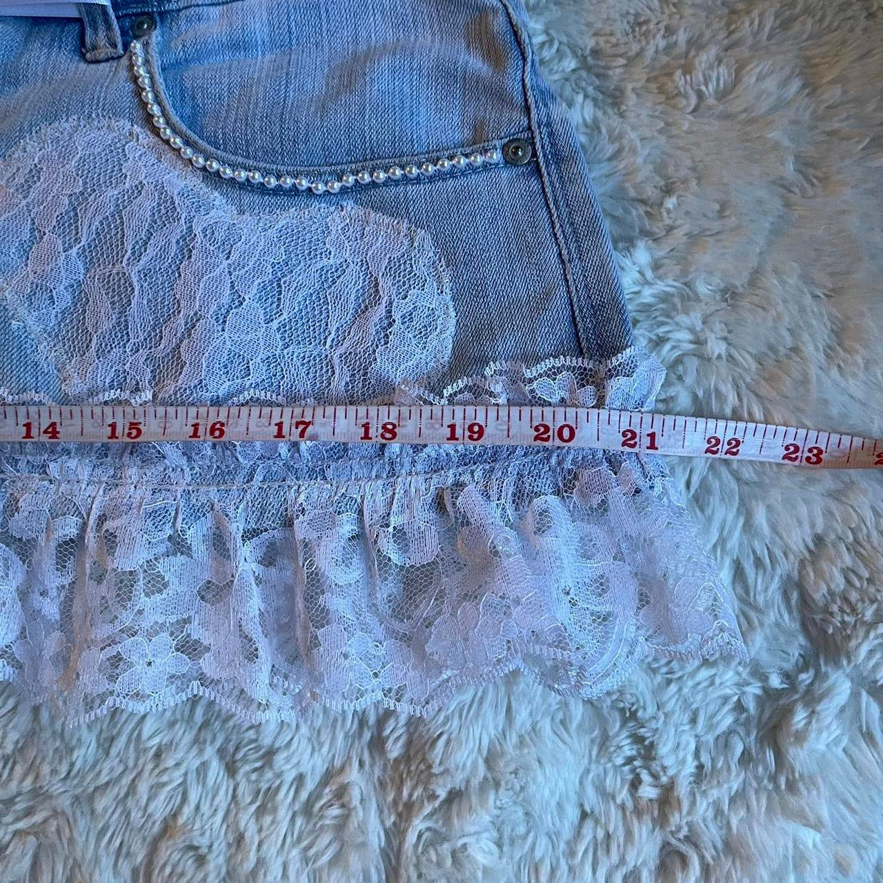 ୨୧ reworked OOAK 2000s sweetheart light wash mini skirt with hand sewn pearls, lace trim & white bows
