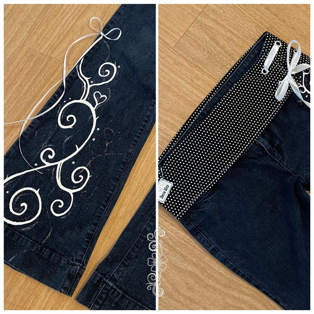 𓏲ּ𝄢 𝐃𝐎𝐕𝐄 𝐊𝐈𝐒𝐒 “Dottie Darling” 2000s whimsy princess ribbon ultra flare jeans