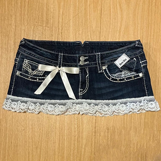 ୨୧ reworked ooak 2000s angel princess denim mini skirt with vintage ruffle lace trim, lace, silky ribbons, studs & rhinestones