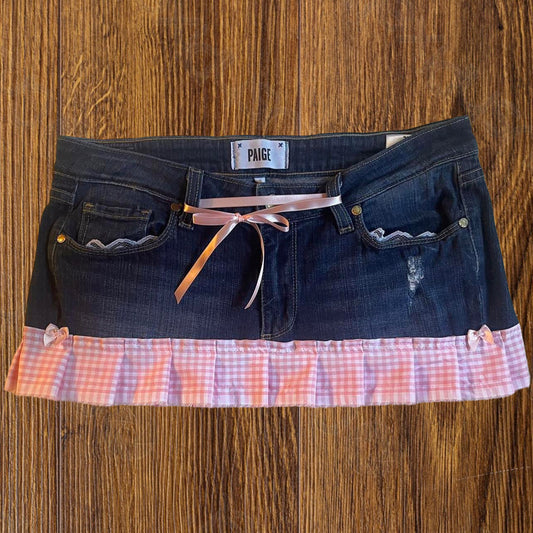 ୨୧ reworked OOAK vintage micro mini denim skirt with trim and baby pink bow details