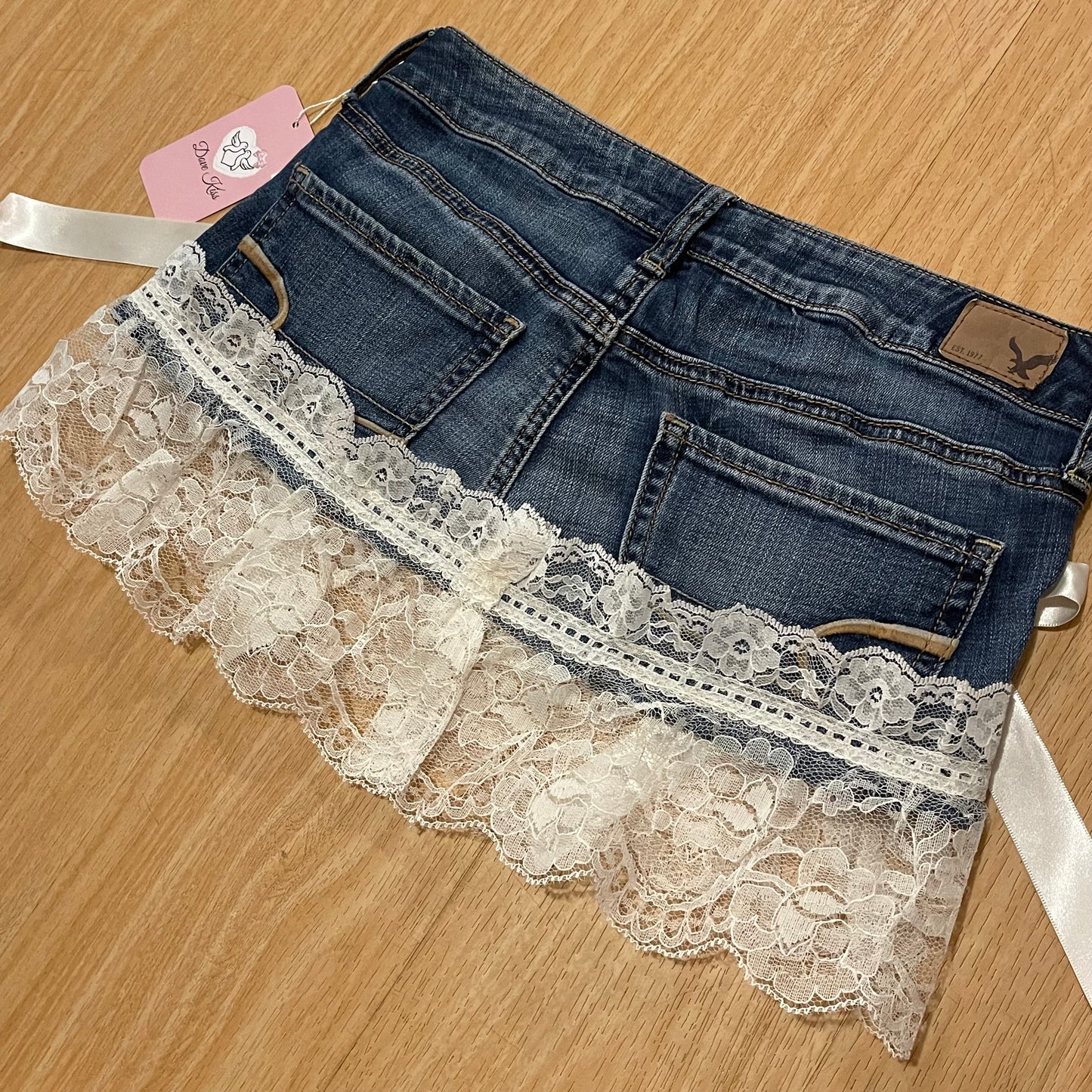 Reworked/Upcycled Princess Denim Mini Skirt (with lace & ribbons)