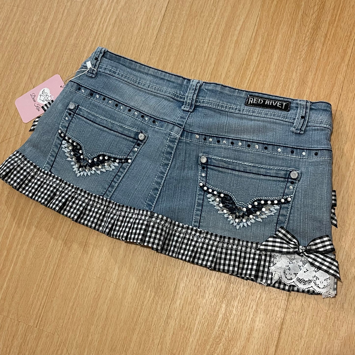 Reworked/Upcycled Diva Country Coquette Mini Skirt (with lace & embellishments)