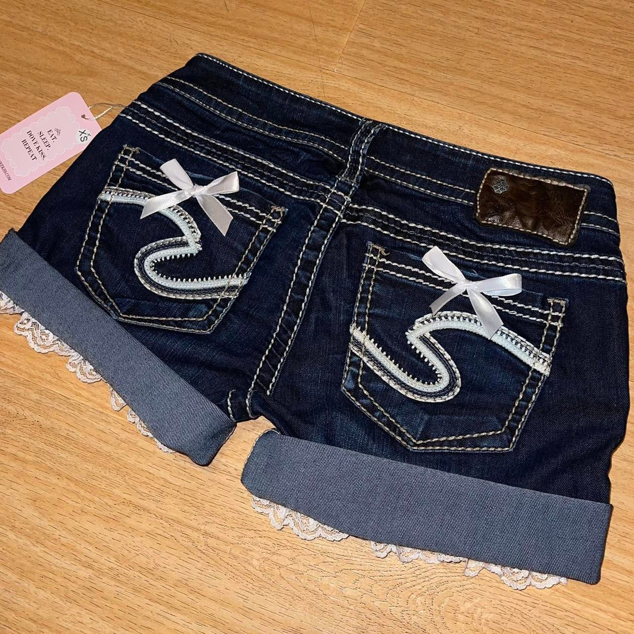 OOAK 2000s Princess Denim Mini Shorts (with lace and bows)