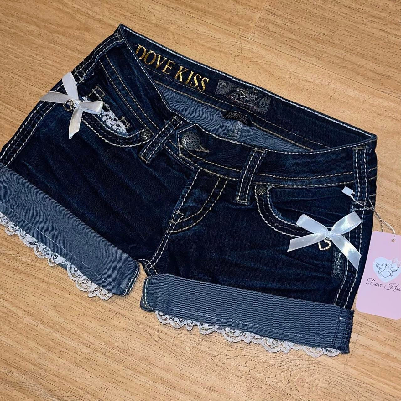 OOAK 2000s Princess Denim Mini Shorts (with lace and bows)
