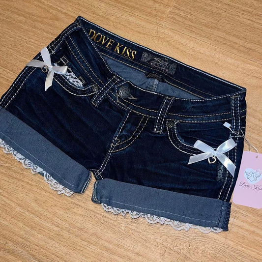OOAK 2000s Princess Denim Mini Shorts (with lace and bows)