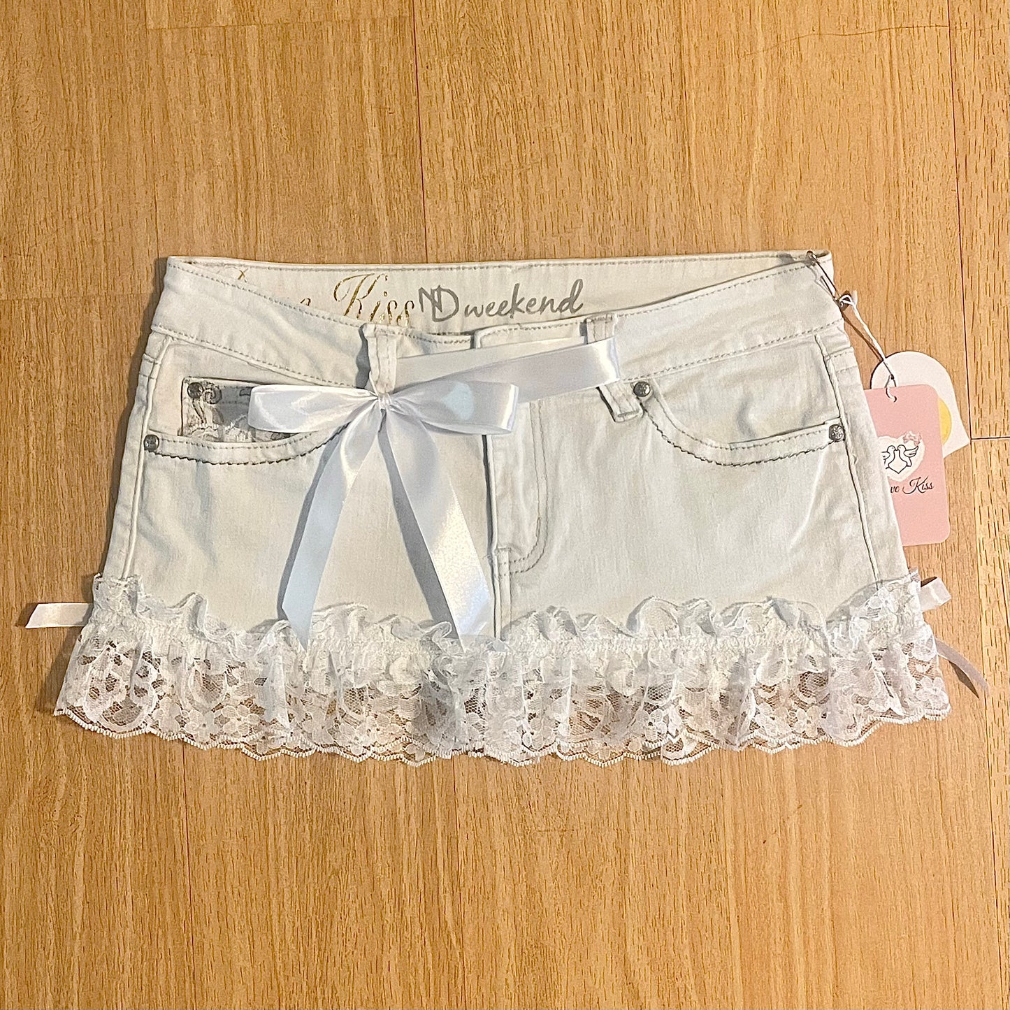 Reworked/Upcycled White Denim Mini Skirt (with lace & ribbons)