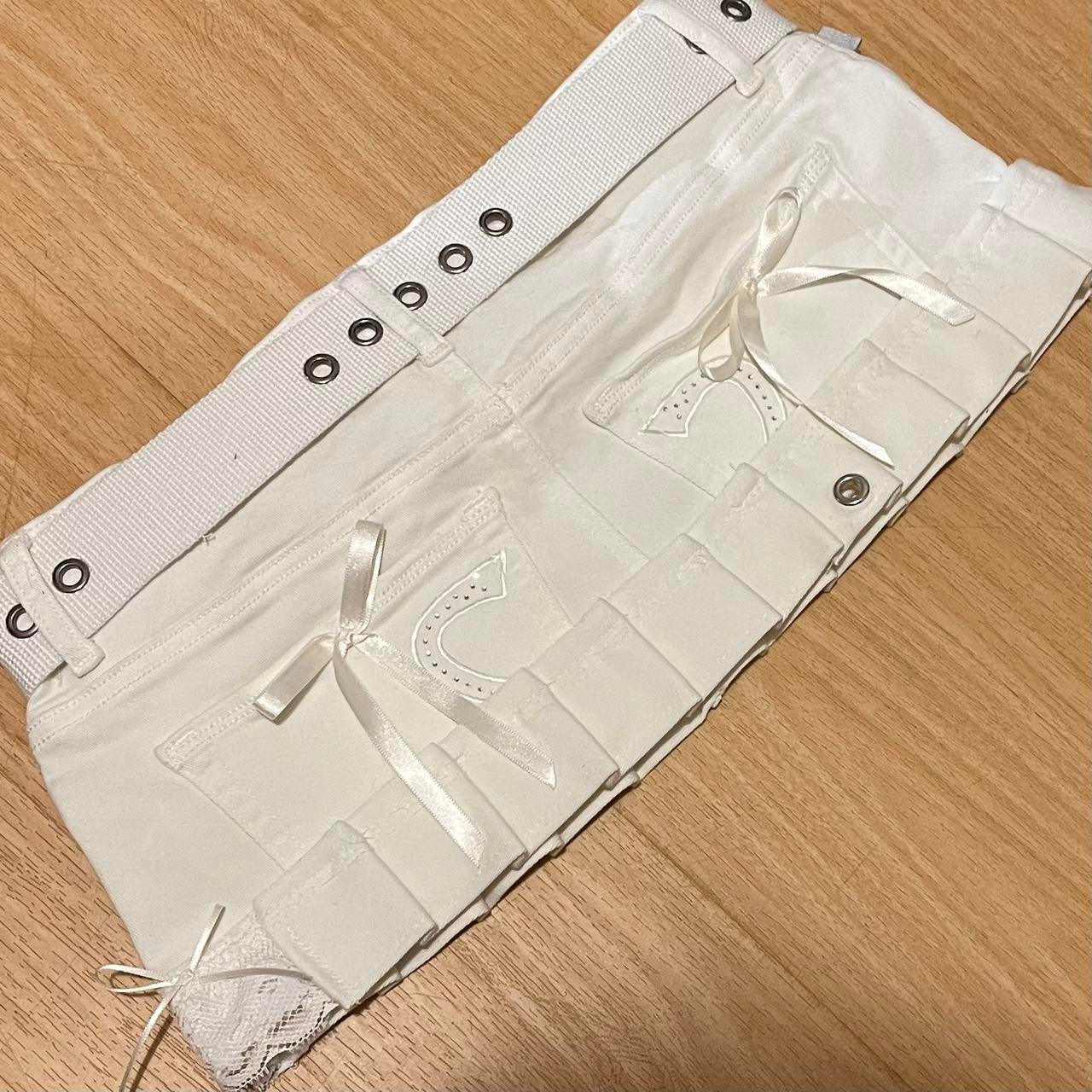 ୨୧ reworked ooak 2000s snow angel princess extreme denim micro mini skirt with ice clear teddy charms, lace trim, rhinestones, y2k grommet belt , & white bows