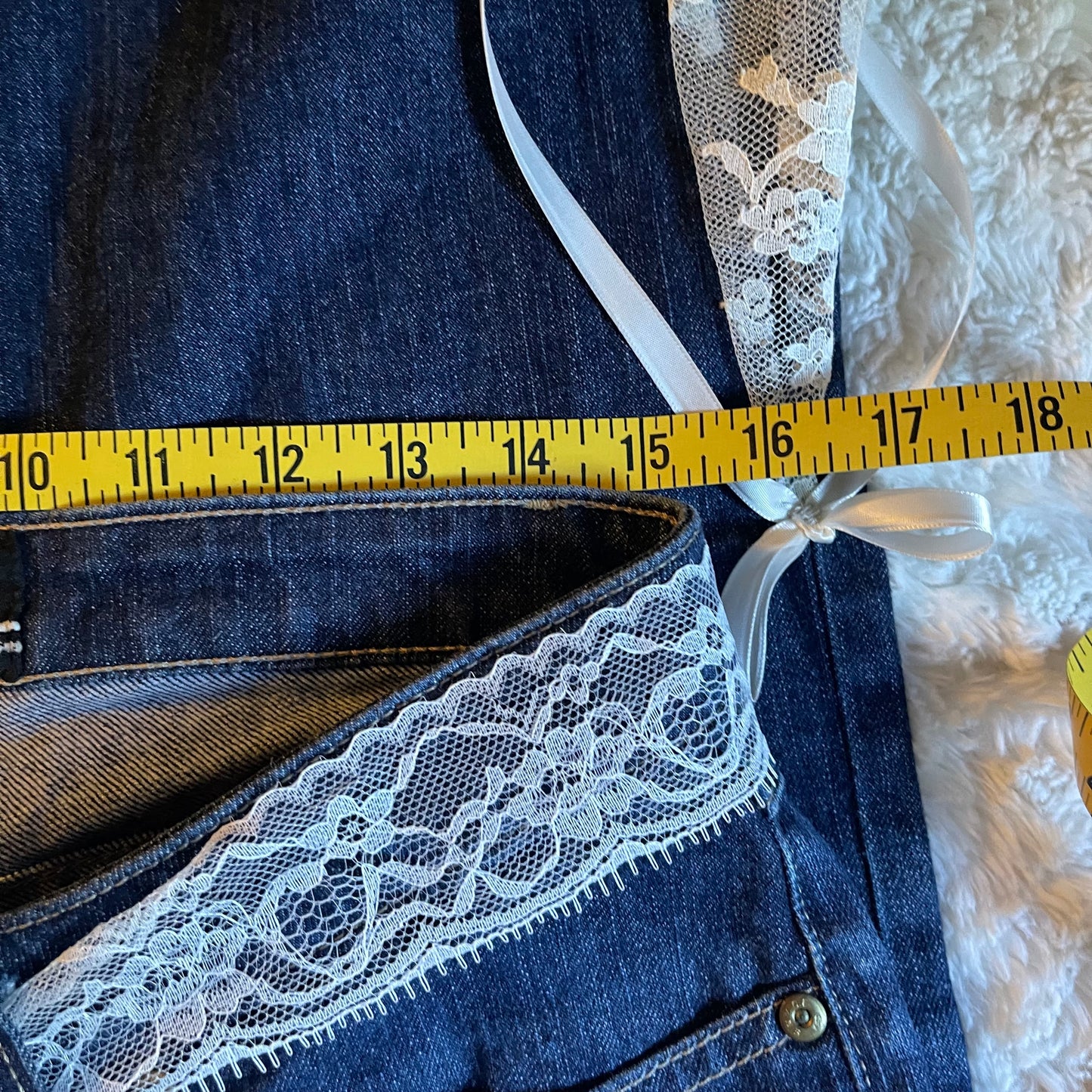 ୨୧ reworked y2k princess OOAK white ribbon flare jeans with contrast stitching, heart patch, lace panels + bows