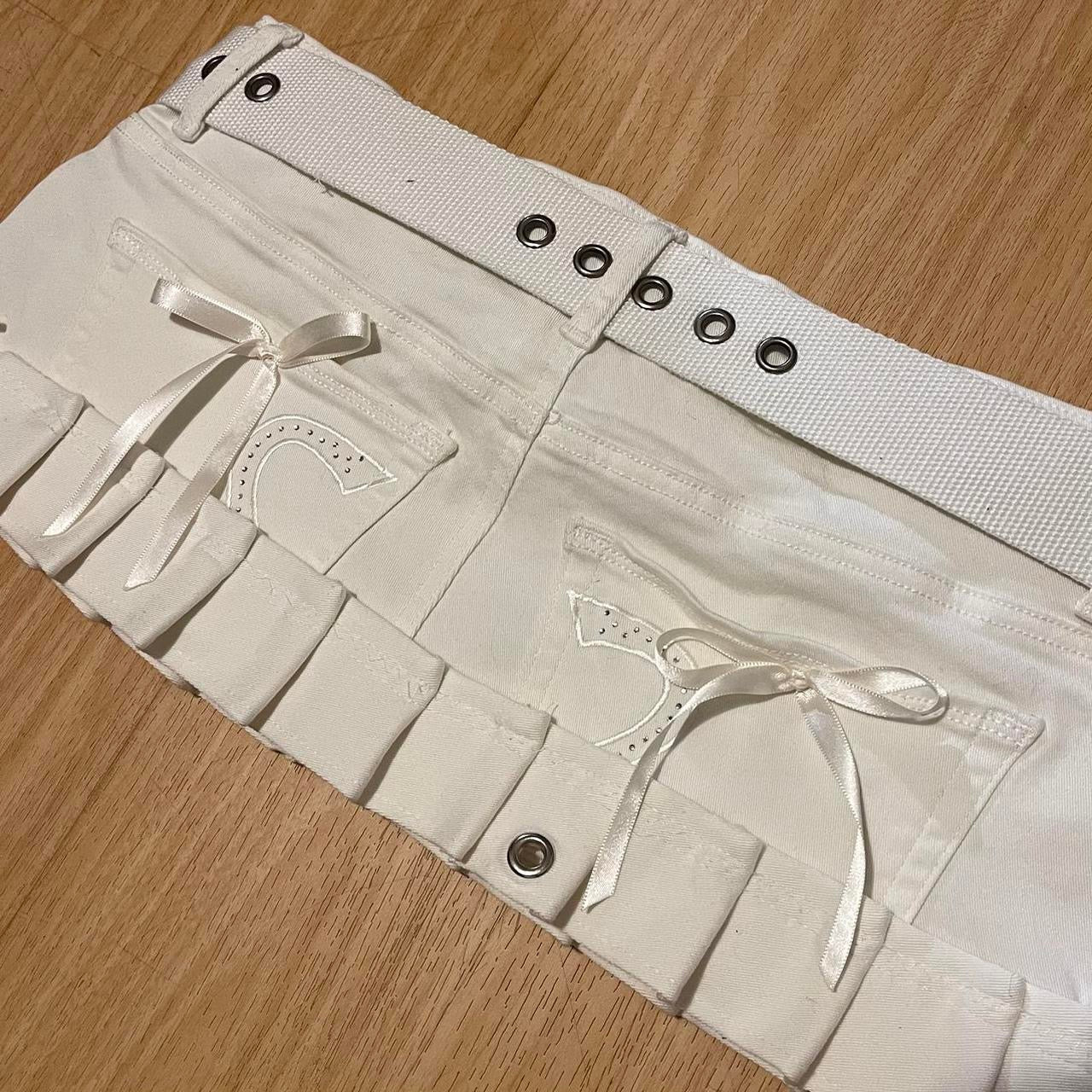 ୨୧ reworked ooak 2000s snow angel princess extreme denim micro mini skirt with ice clear teddy charms, lace trim, rhinestones, y2k grommet belt , & white bows