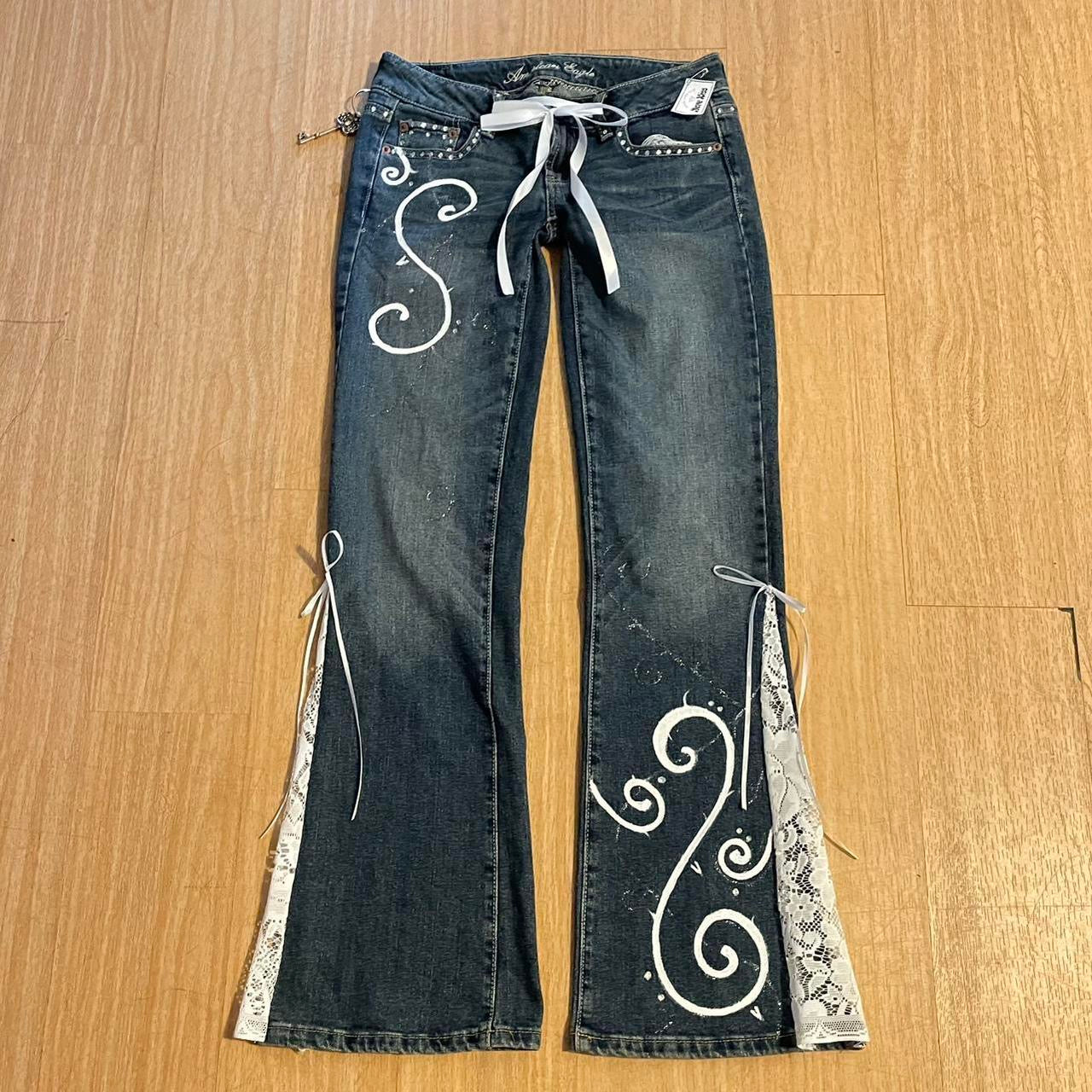 ୨୧ reworked y2k “Valia” by Dove Kiss OOAK white ribbon flare jeans