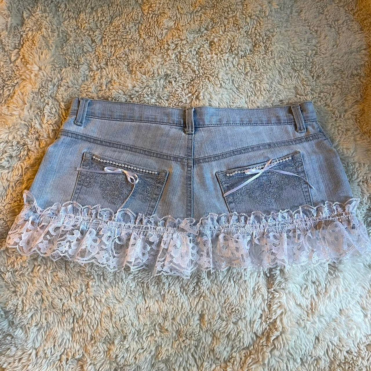 ୨୧ reworked OOAK 2000s sweetheart light wash mini skirt with hand sewn pearls, lace trim & white bows