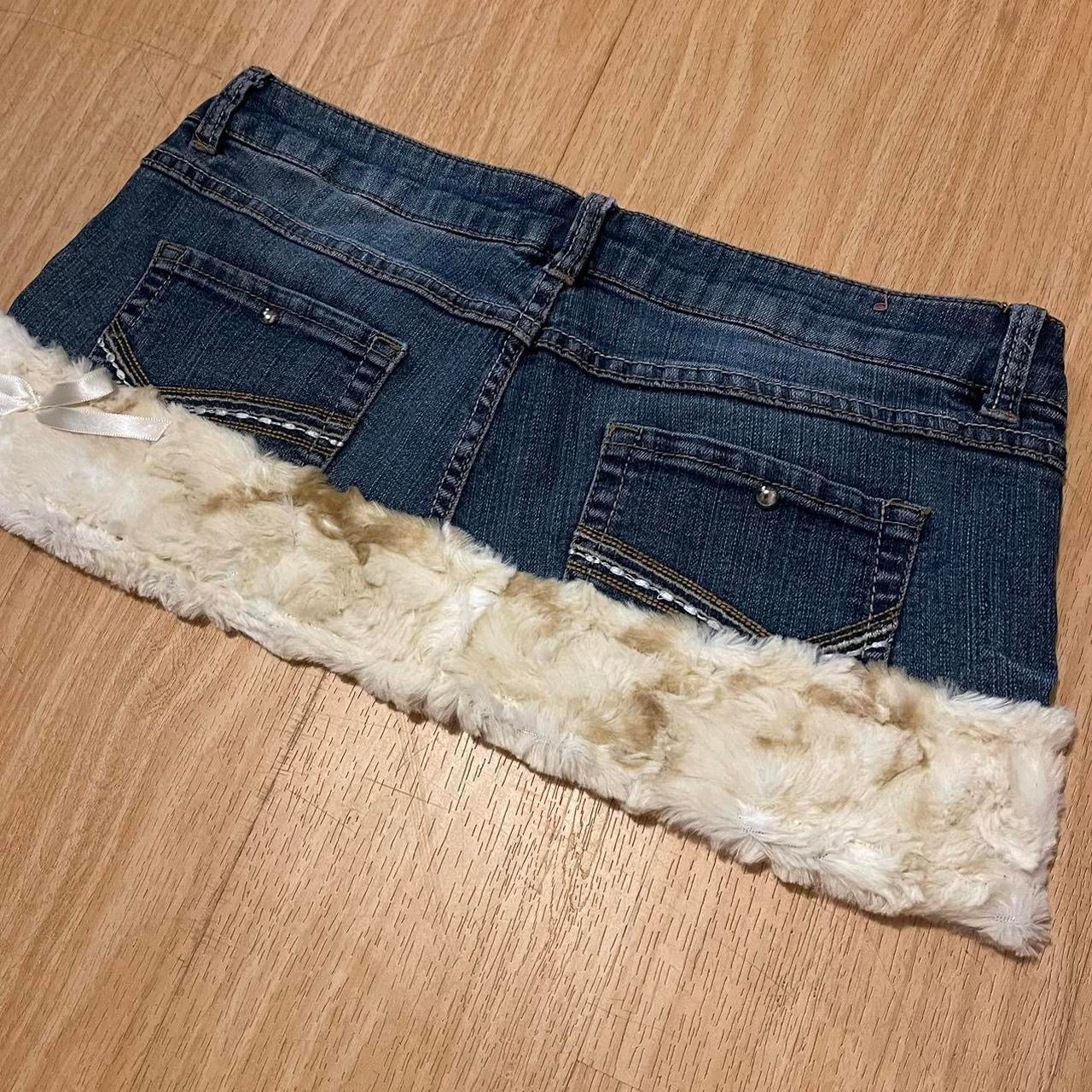 reworked OOAK 2000s angel princess micro mini fur trim skirt with partial inner fur lining, studs, rhinestones, lace, & ribbons ୨୧