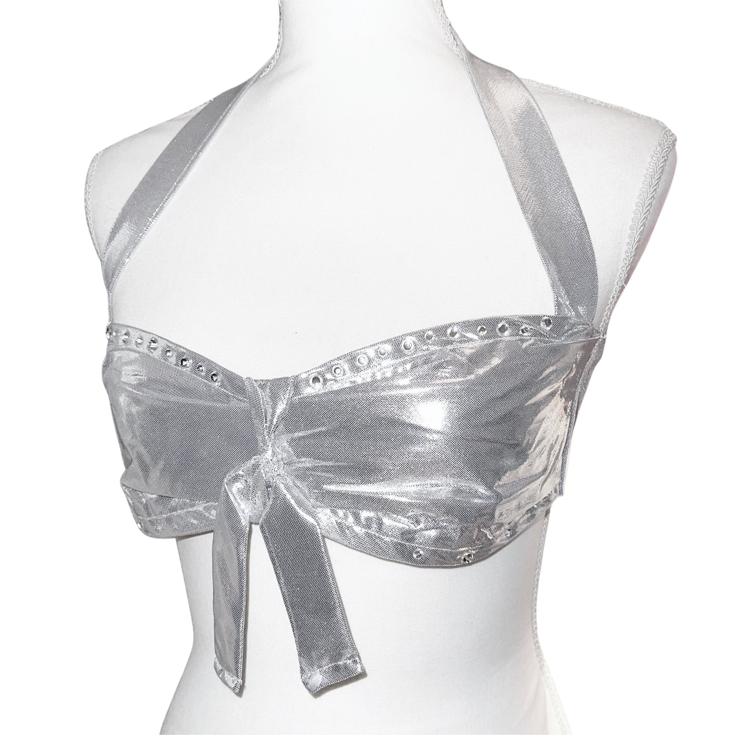“DIVALICIOUS” Rhinestone Halter Top Bralette in Silver