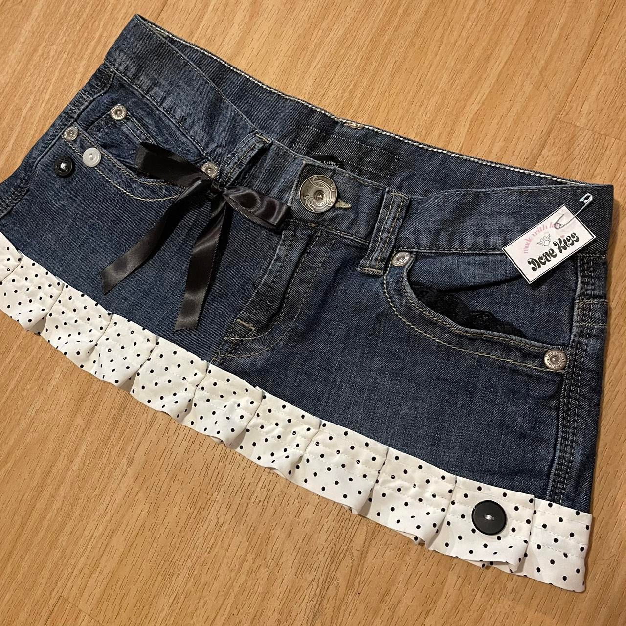 ୨୧ reworked OOAK y2k polka dot whimsy twee princess mini denim skirt