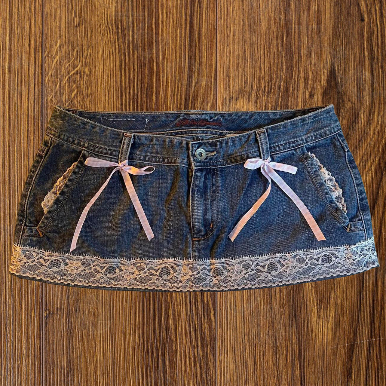 ୨୧ reworked OOAK 2000s extreme denim micro mini skirt with lace trim & pink + white bows
