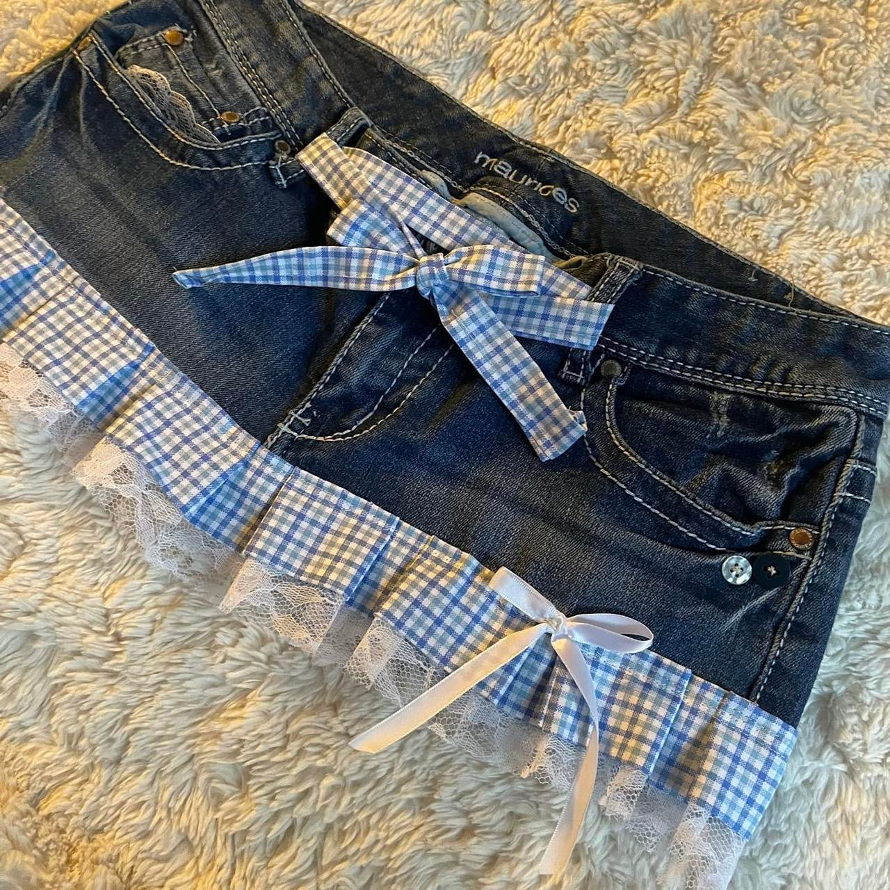 ୨୧ reworked OOAK vintage micro mini denim skirt with gingham baby blue trim, lace ruffles, buttons, and bow details