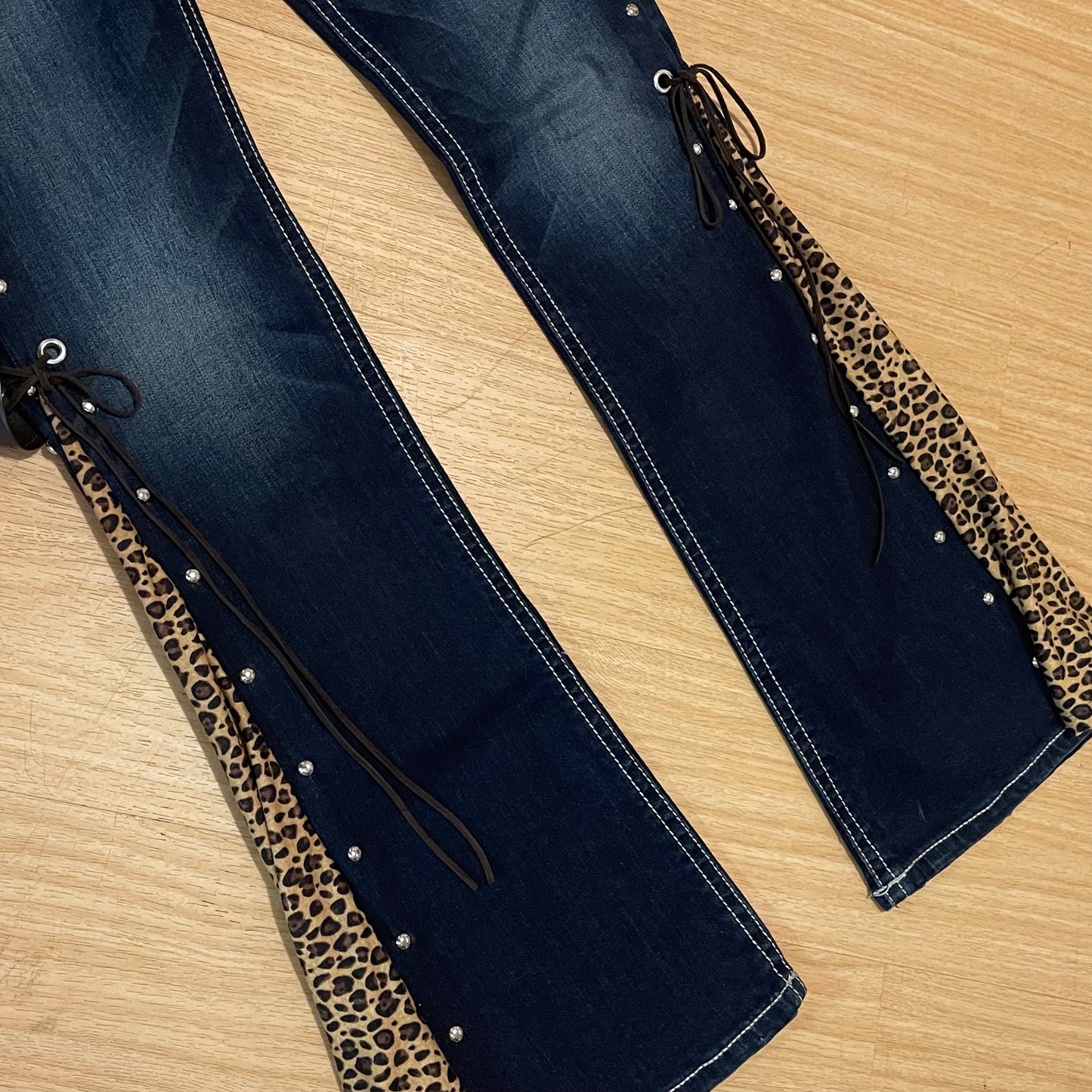 ROCKSTAR DIVA Reworked/Upcycled Leopard Flare Jeans - SIZE 6