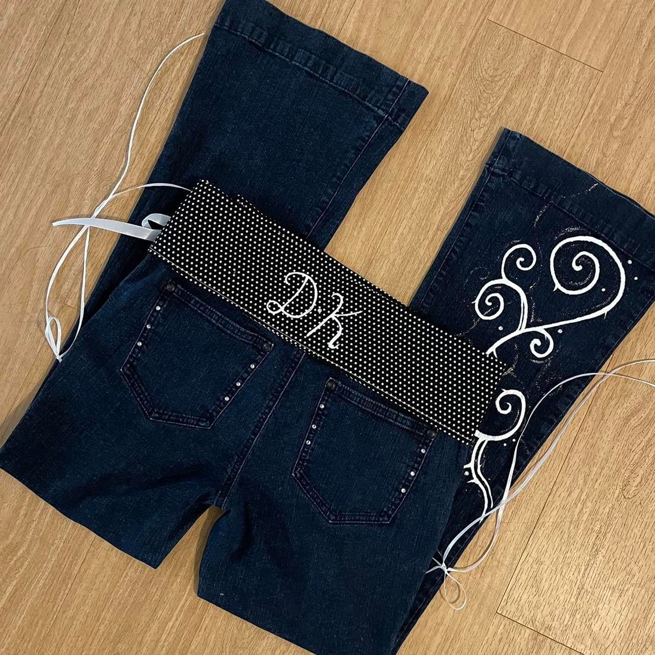 𓏲ּ𝄢 𝐃𝐎𝐕𝐄 𝐊𝐈𝐒𝐒 “Dottie Darling” 2000s whimsy princess ribbon ultra flare jeans